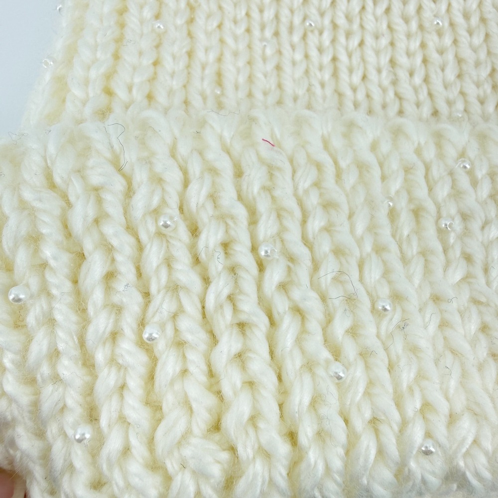 Cream Knit Beanie with Pearls Winter Warm Hat Womens Beanie One Size Preppy Cute - Picture 4 of 9